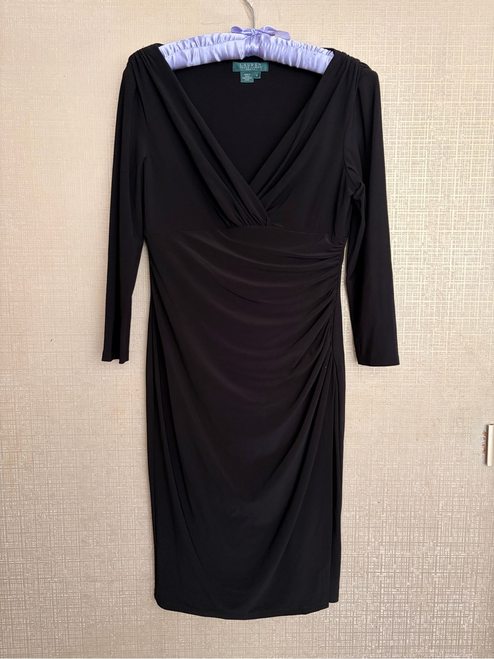 Ralph Lauren Black Faux-Wrap Ruched Long Sleeve Midi Dress